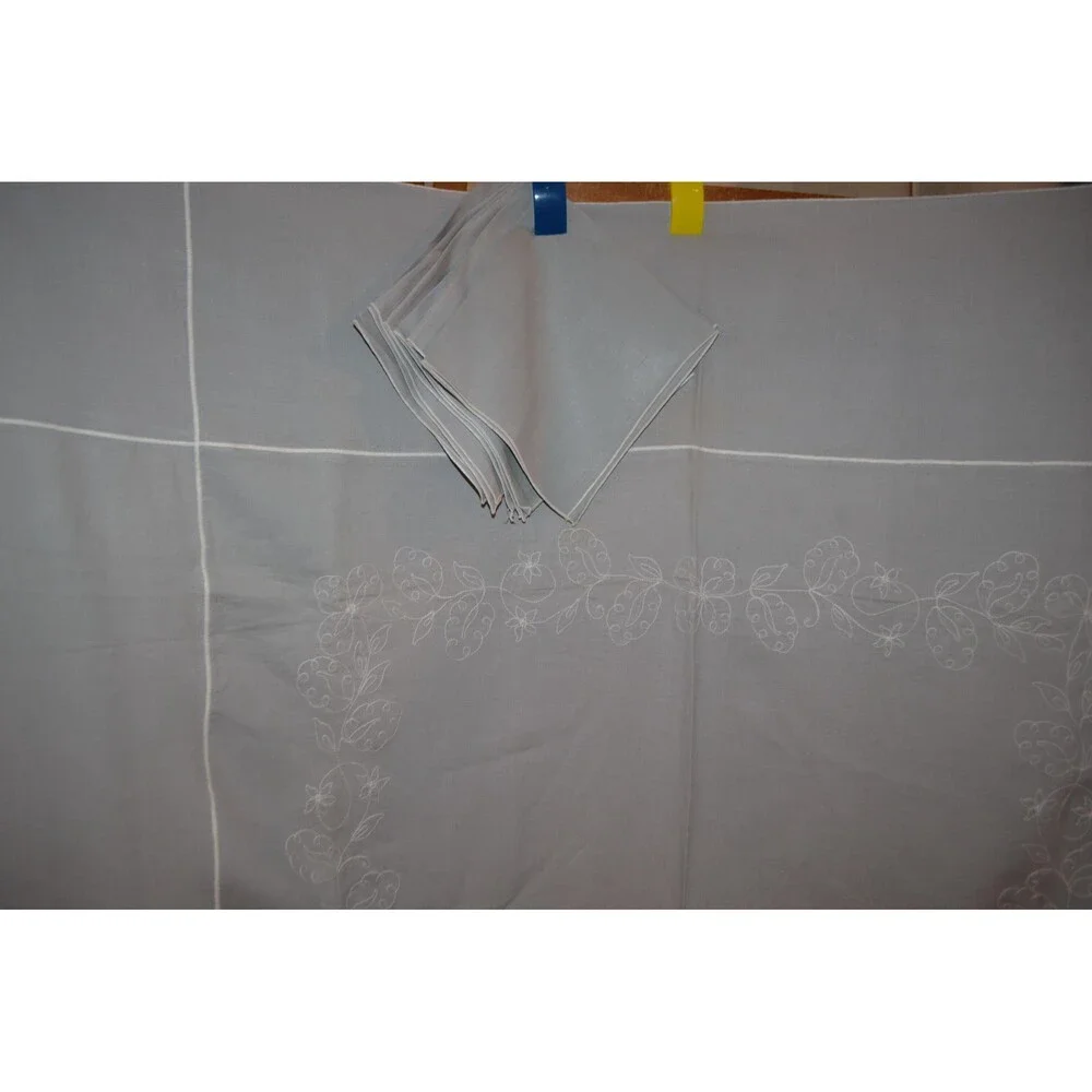 Vintage Tablecloth Gray with Napkins 1950s Touch White Embroidery